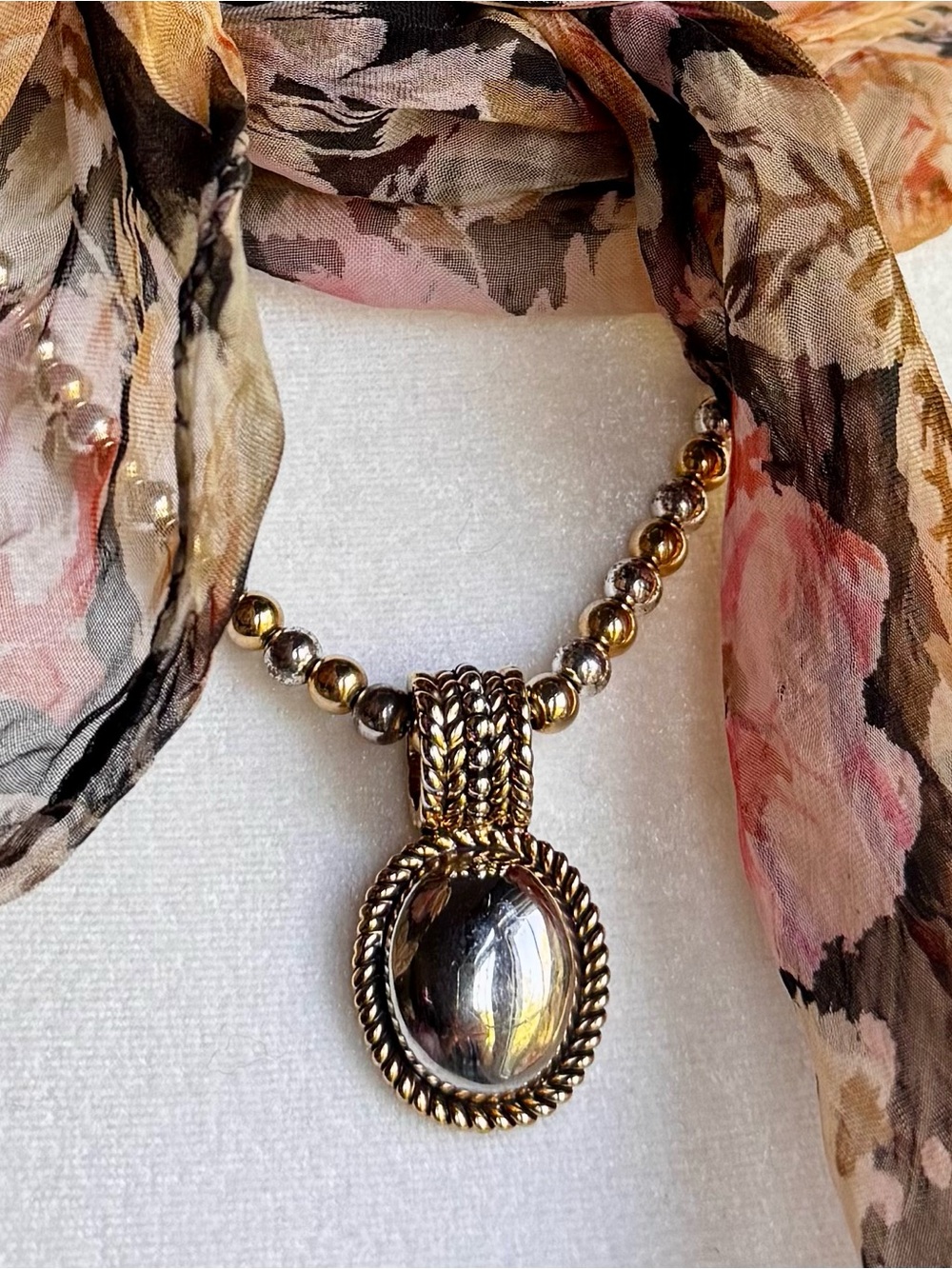 Silver & Gold Toned Beaded Necklace With Polished Silver Oval Pendant 18”